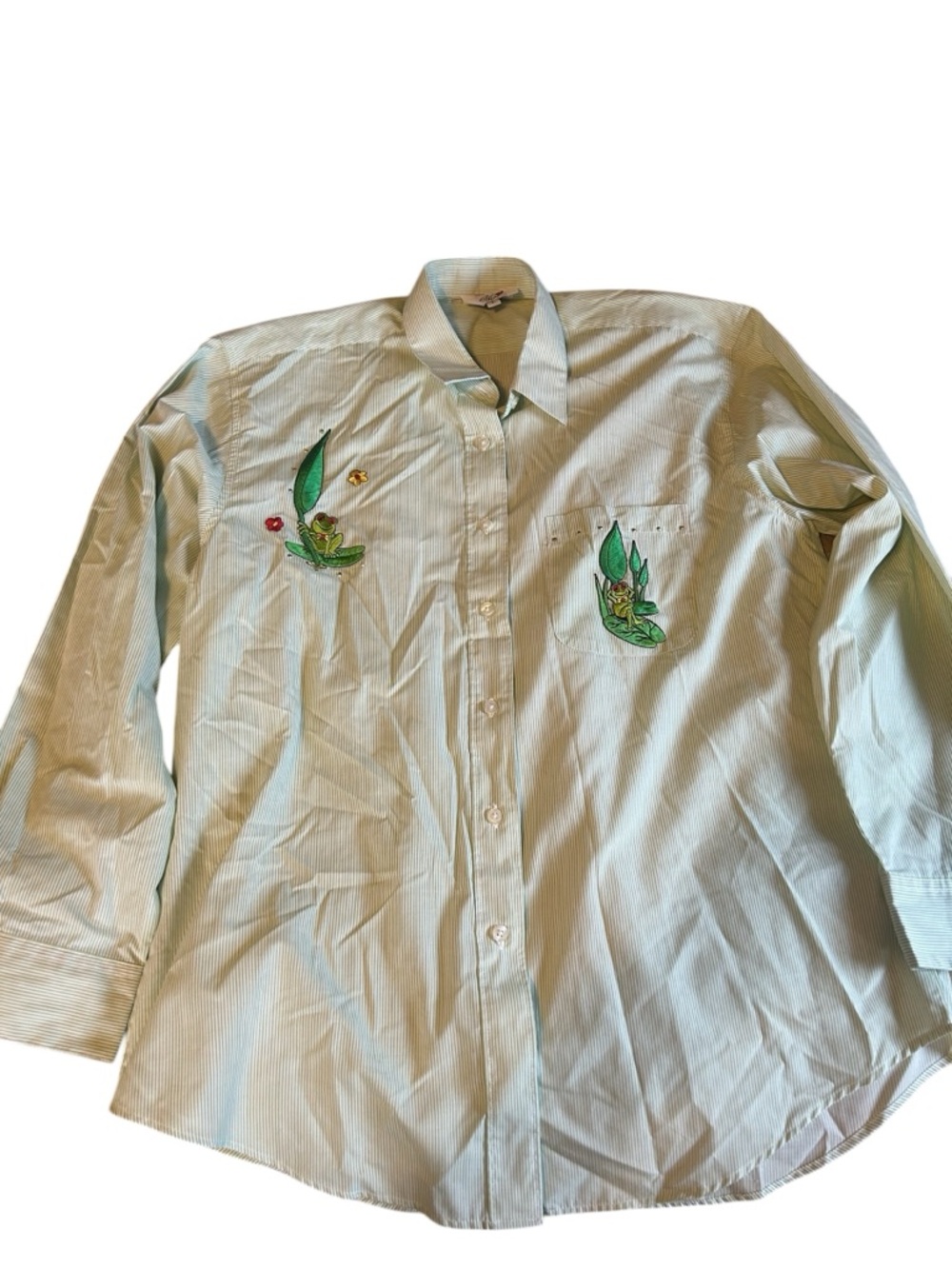Light Green Striped Button-Up Shirt with Embroidered Frog Motif size Large